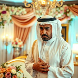 An Arab man in traditional wedding attire, visibly upset during his wedding night
