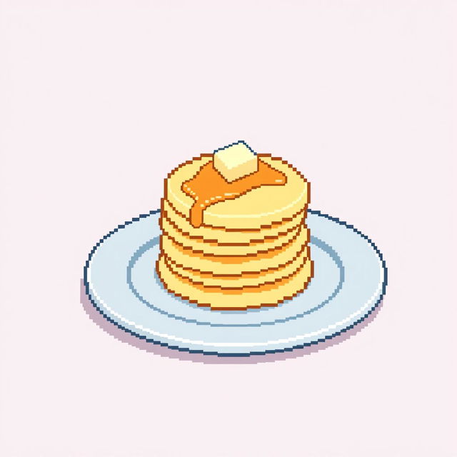 A simple yet appetizing view of pancakes stacked on a plate, depicted in a minimalist pixel art style