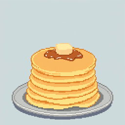 A simple yet appetizing view of pancakes stacked on a plate, depicted in a minimalist pixel art style