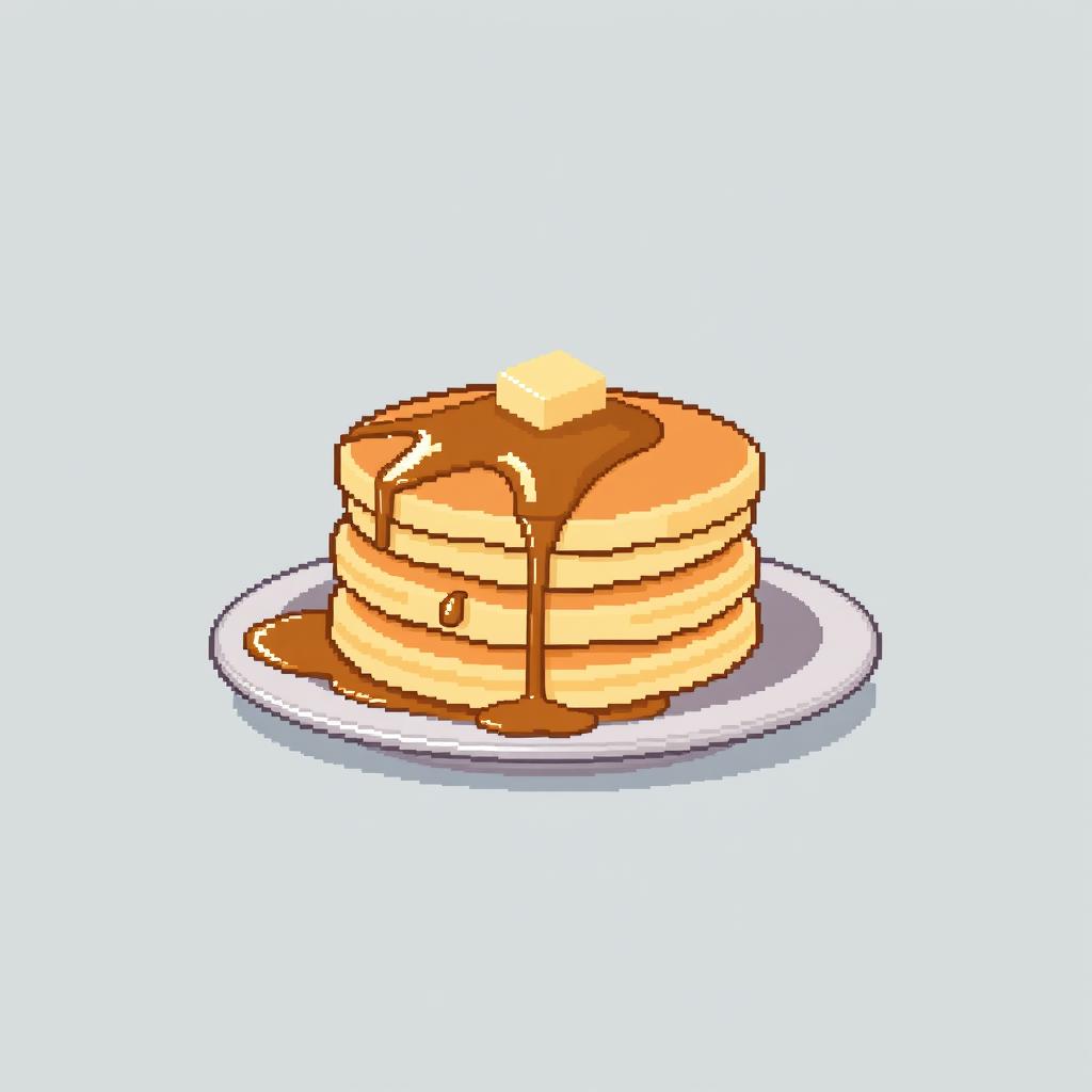 A simple and appetizing depiction of pancakes stacked on a plate, shown in a straightforward pixel art style