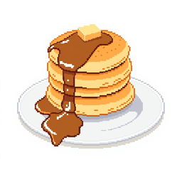 A simple and appetizing depiction of pancakes stacked on a plate, shown in a straightforward pixel art style