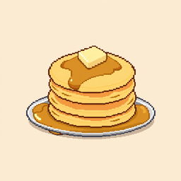 A simple and appetizing depiction of pancakes stacked on a plate, shown in a straightforward pixel art style