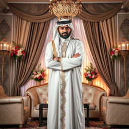 An Arab man in traditional wedding attire standing full-body, visibly frustrated during his wedding night