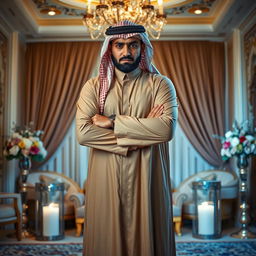 An Arab man in traditional wedding attire standing full-body, visibly frustrated during his wedding night