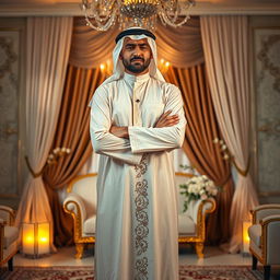 An Arab man in traditional wedding attire standing full-body, visibly frustrated during his wedding night