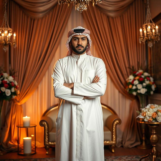 An Arab man in traditional wedding attire standing full-body, visibly frustrated during his wedding night