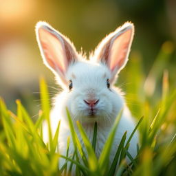 A close-up view of Rosie, a small, fluffy rabbit sitting in tall, lush grass