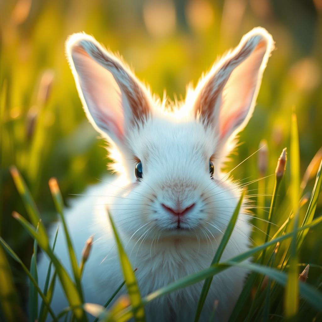 A close-up view of Rosie, a small, fluffy rabbit sitting in tall, lush grass