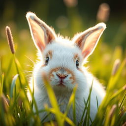 A close-up view of Rosie, a small, fluffy rabbit sitting in tall, lush grass