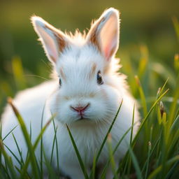 A close-up view of Rosie, a small, fluffy rabbit sitting in tall, lush grass