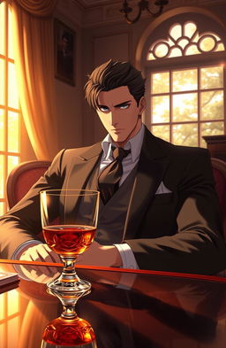 A possessive, handsome, and dominant gentleman in anime style, seated in a elegantly furnished room bathed in warm morning light filtering through a large window