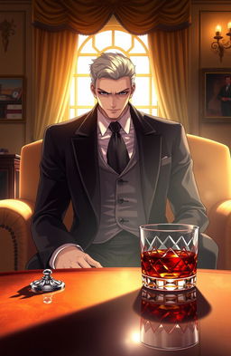 A possessive, handsome, and dominant gentleman in anime style, seated in a elegantly furnished room bathed in warm morning light filtering through a large window