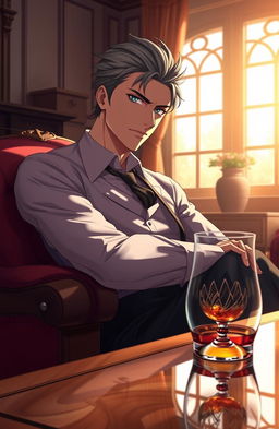 A possessive, handsome, and dominant gentleman in anime style, seated in a elegantly furnished room bathed in warm morning light filtering through a large window