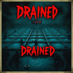 A dramatic horror movie poster for 'Drained', featuring a dark, eerie landscape filled with numerous ominous swimming pools
