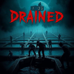 A dramatic horror movie poster for 'Drained', featuring a dark, eerie landscape filled with numerous ominous swimming pools