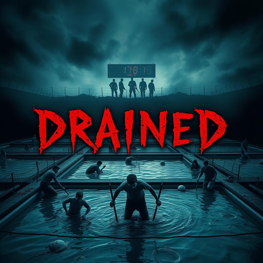 A dramatic horror movie poster for 'Drained', featuring a dark, eerie landscape filled with numerous ominous swimming pools