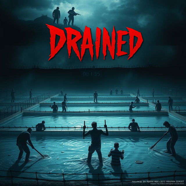 A dramatic horror movie poster for 'Drained', featuring a dark, eerie landscape filled with numerous ominous swimming pools