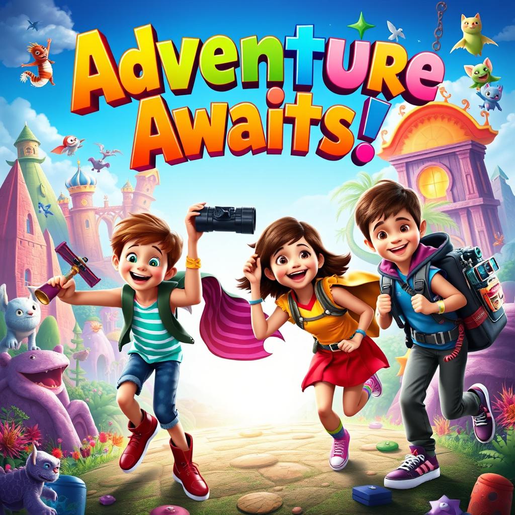 A vibrant and imaginative movie poster featuring a group of adventurous kids embarking on a thrilling quest