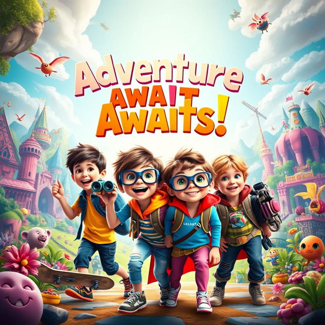 A vibrant and imaginative movie poster featuring a group of adventurous kids embarking on a thrilling quest