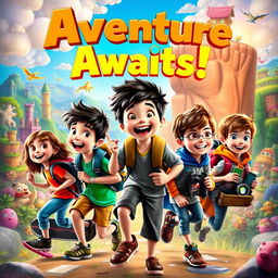 A vibrant and imaginative movie poster featuring a group of adventurous kids embarking on a thrilling quest
