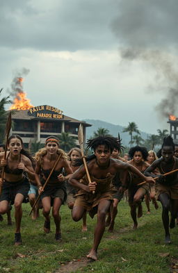 A dramatic scene depicting a group of young people of diverse ethnicities, both white and black, running frantically as they are pursued by a fierce group of African tribal warriors