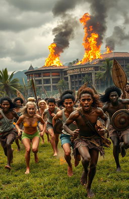 A dramatic scene depicting a group of young people of diverse ethnicities, both white and black, running frantically as they are pursued by a fierce group of African tribal warriors