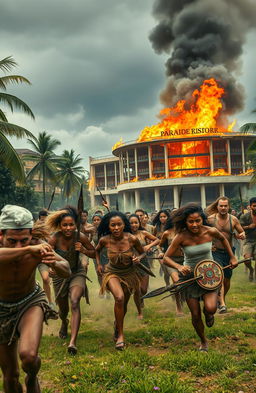 A dramatic scene depicting a group of young people of diverse ethnicities, both white and black, running frantically as they are pursued by a fierce group of African tribal warriors