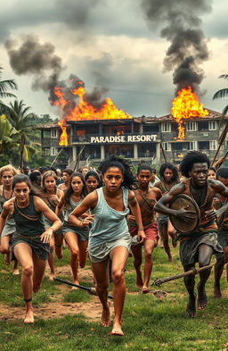 A dramatic scene depicting a group of young people of diverse ethnicities, both white and black, running frantically as they are pursued by a fierce group of African tribal warriors