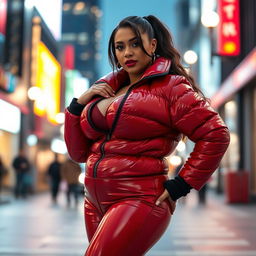 A mesmerizing woman in a tight, shiny red and black puffer suit that showcases her voluptuous figure and large breasts