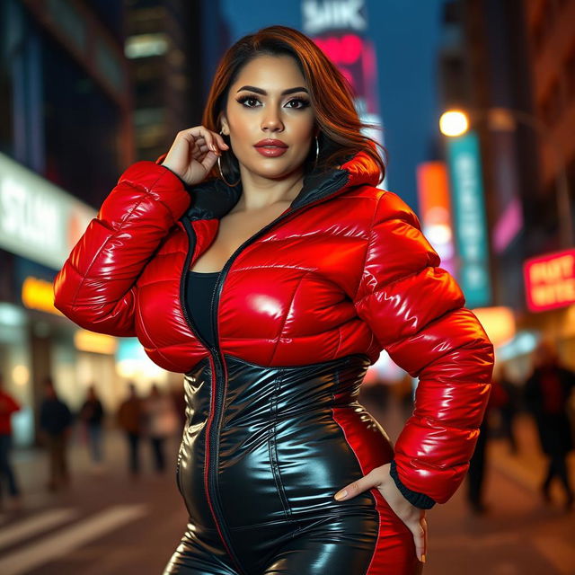 A mesmerizing woman in a tight, shiny red and black puffer suit that showcases her voluptuous figure and large breasts