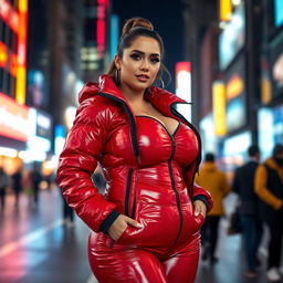 A mesmerizing woman in a tight, shiny red and black puffer suit that showcases her voluptuous figure and large breasts