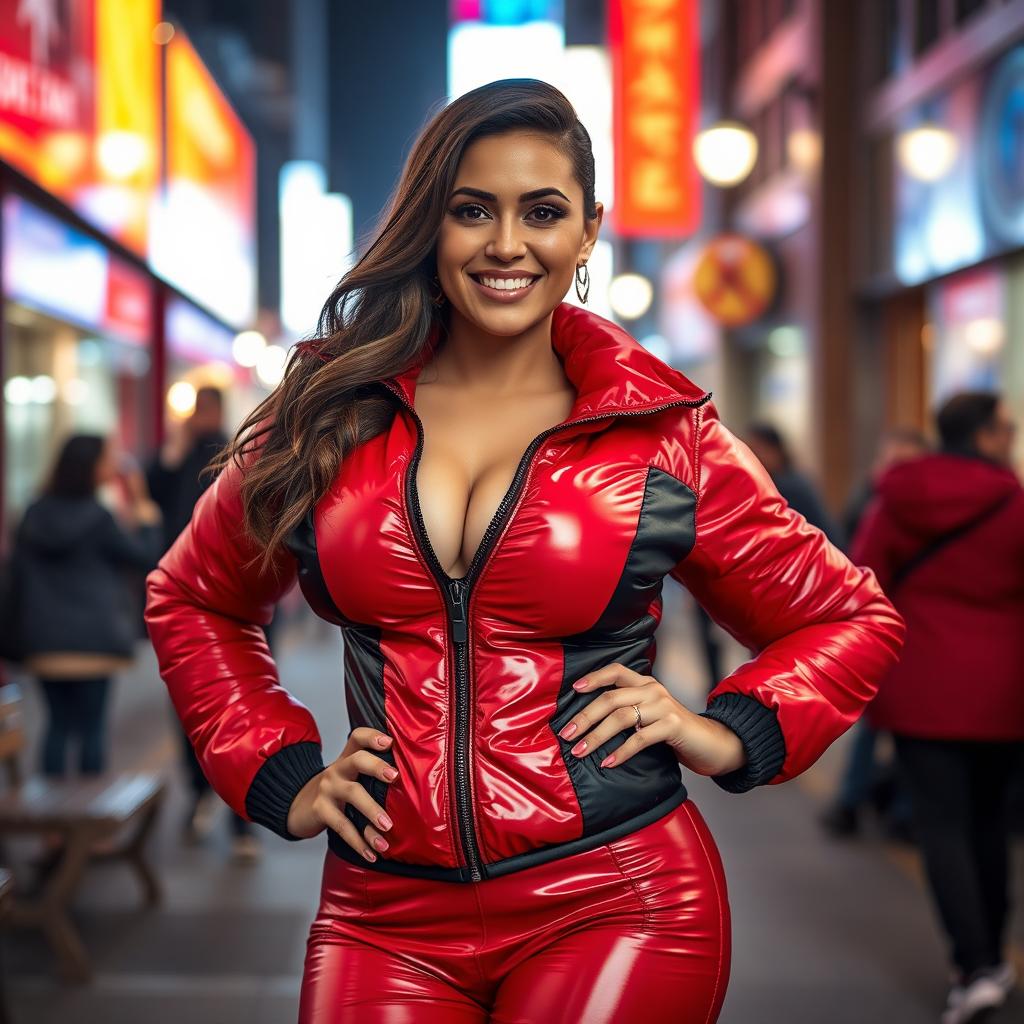 A captivating woman in a tight, shiny red and black puffer suit that perfectly showcases her voluptuous curves and large breasts