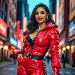 A captivating woman in a tight, shiny red and black puffer suit that perfectly showcases her voluptuous curves and large breasts