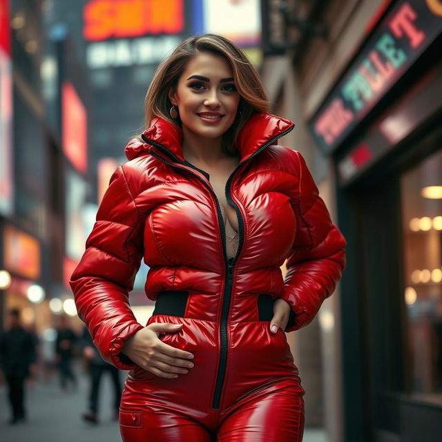 A captivating woman in a tight, shiny red and black puffer suit that perfectly showcases her voluptuous curves and large breasts