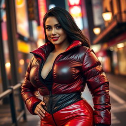 A captivating woman in a tight, shiny red and black puffer suit that perfectly showcases her voluptuous curves and large breasts