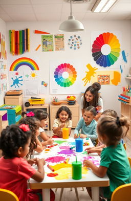 A vibrant classroom scene focused on young children joyfully learning colors