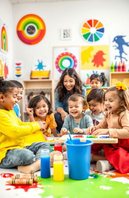 A vibrant classroom scene focused on young children joyfully learning colors