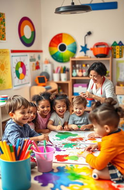 A vibrant classroom scene focused on young children joyfully learning colors
