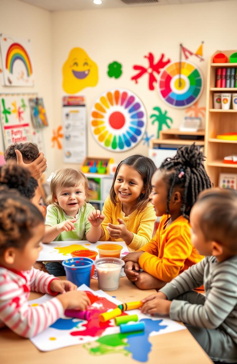 A vibrant classroom scene focused on young children joyfully learning colors