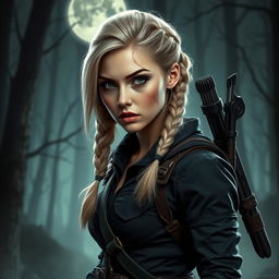 A fierce and skilled vampire hunter woman characterized by her striking light blonde hair styled in a side braid, and captivating green eyes that reflect determination and courage