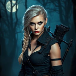 A fierce and skilled vampire hunter woman characterized by her striking light blonde hair styled in a side braid, and captivating green eyes that reflect determination and courage