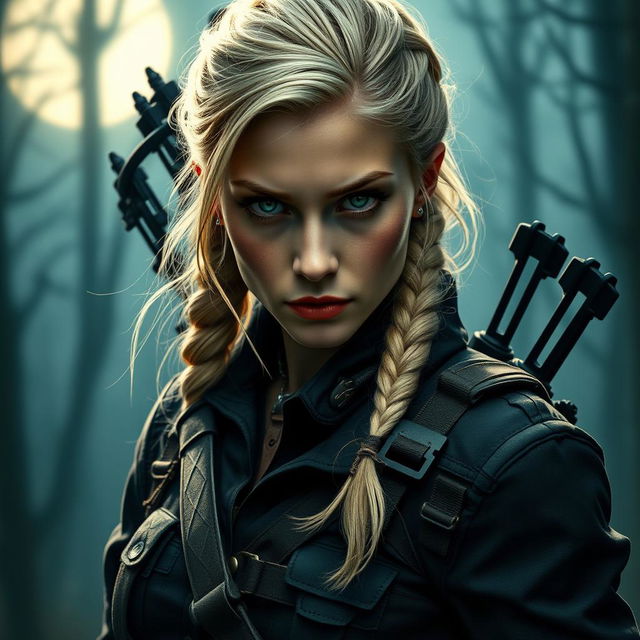 A fierce and skilled vampire hunter woman characterized by her striking light blonde hair styled in a side braid, and captivating green eyes that reflect determination and courage