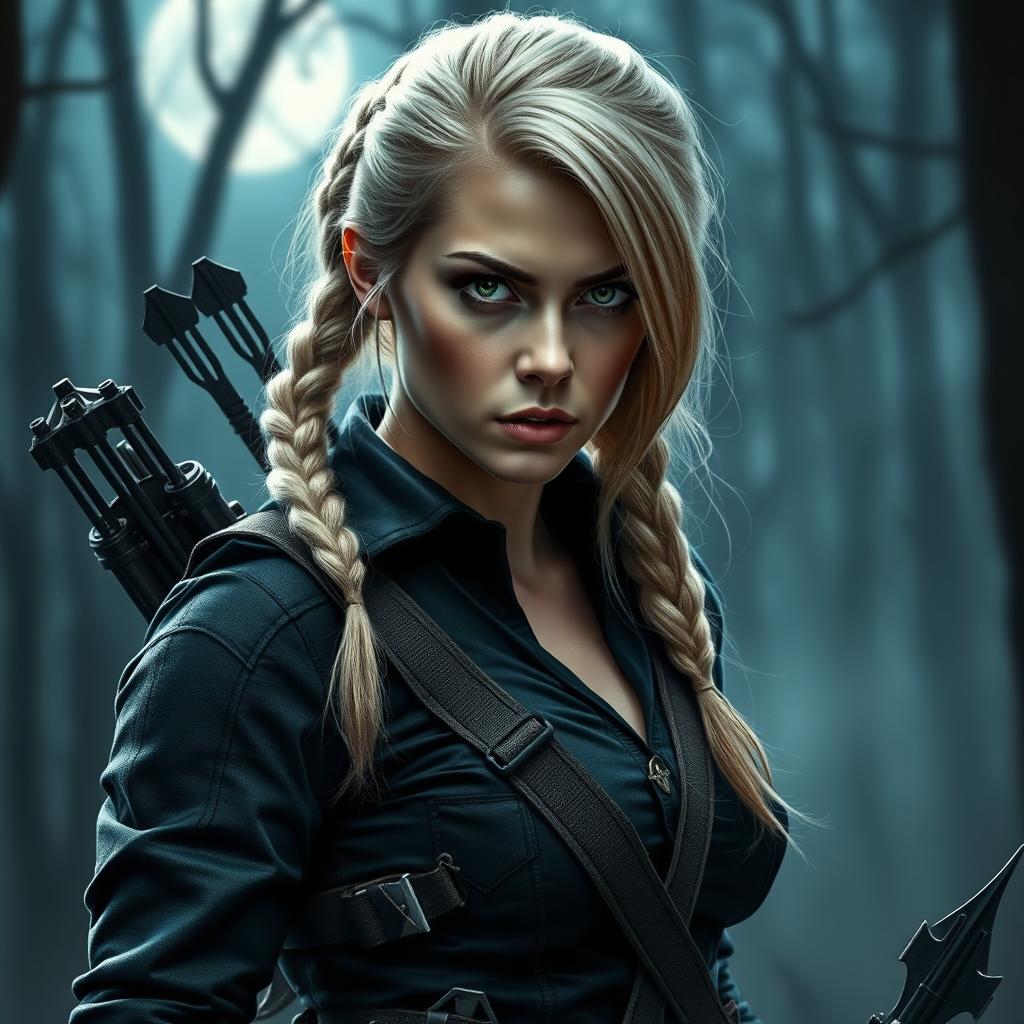 A fierce and skilled vampire hunter woman characterized by her striking light blonde hair styled in a side braid, and captivating green eyes that reflect determination and courage