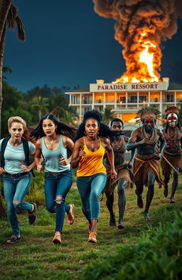 A dynamic scene depicting five young people of diverse backgrounds (white and black) dressed in modern casual attire, including stylish jeans and trendy tops