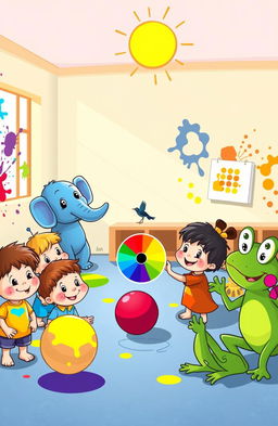 A vibrant and playful cartoon scene showcasing a cheerful classroom filled with various animals, each representing a different color