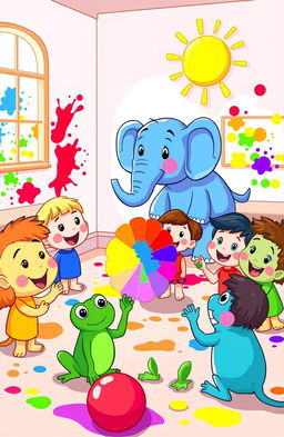 A vibrant and playful cartoon scene showcasing a cheerful classroom filled with various animals, each representing a different color