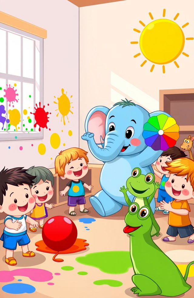 A vibrant and playful cartoon scene showcasing a cheerful classroom filled with various animals, each representing a different color