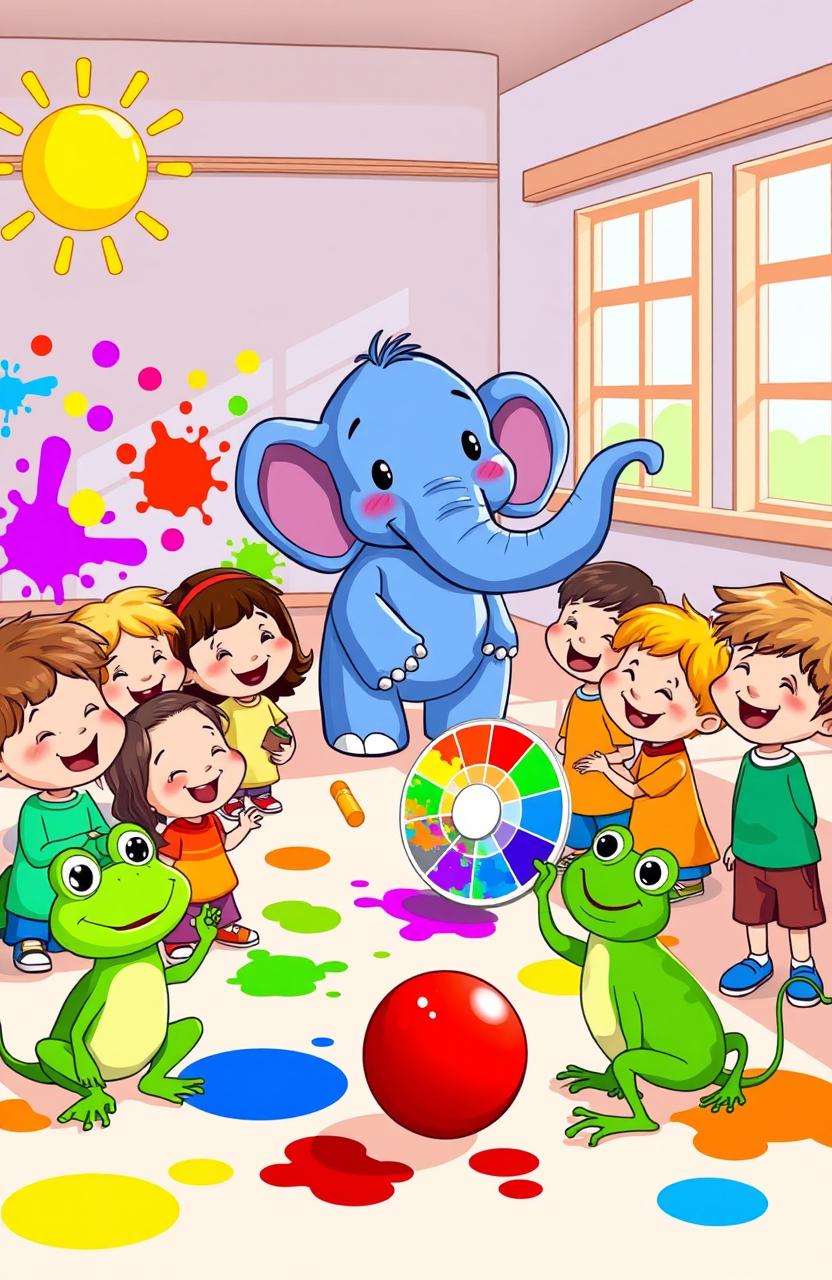 A vibrant and playful cartoon scene showcasing a cheerful classroom filled with various animals, each representing a different color