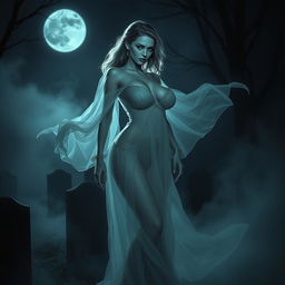 A seductive and alluring ghostly figure, featuring an ethereal woman with large breasts, dressed in a delicate and transparent gown that flows elegantly around her