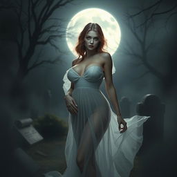 A seductive and alluring ghostly figure, featuring an ethereal woman with large breasts, dressed in a delicate and transparent gown that flows elegantly around her